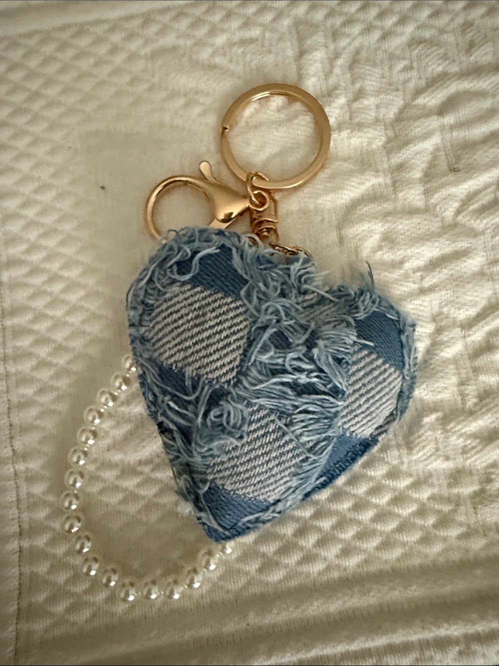 Denim Heart Keychain Bag Charm with Gold Hardware